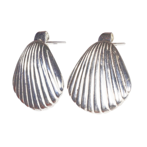 A pair of silver-colored earrings with a shell design.
