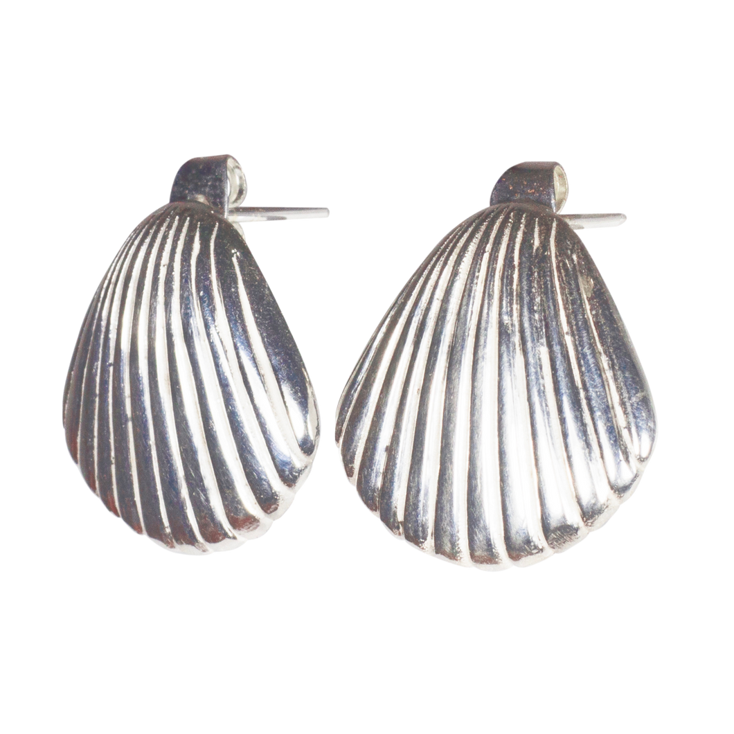 A pair of silver-colored earrings with a shell design.