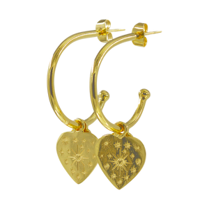 A pair of gold hoop earrings with heart charms and small star-shaped embellishments.