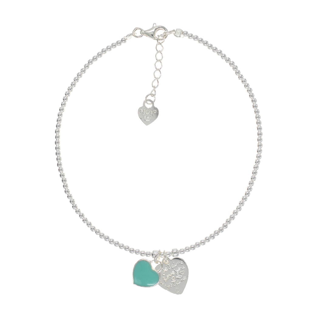 Sterling silver anklet with resin aqua heart, heart charm, and adjustable fit.