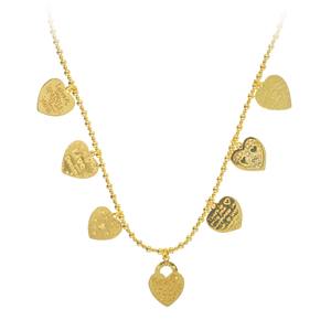 A gold-colored necklace featuring multiple heart-shaped pendants and small beads, strung on elastic. The necklace is displayed against a plain background.