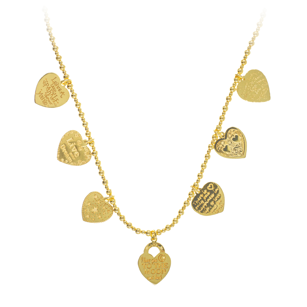 A gold-colored necklace featuring multiple heart-shaped pendants and small beads, strung on elastic. The necklace is displayed against a plain background.