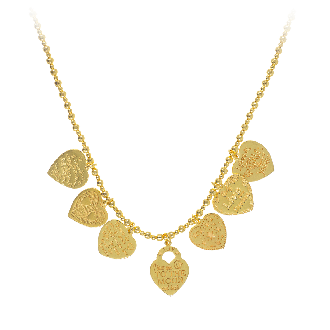A gold-plated silver necklace featuring a series of heart-shaped pendants and smaller bead-like elements, strung on a fine gold chain.