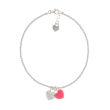 Sterling silver anklet with resin fluo pink heart, heart charm, and adjustable fit.