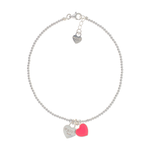 Sterling silver anklet with resin fluo pink heart, heart charm, and adjustable fit.