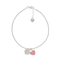 Sterling silver anklet with resin baby pink heart, heart charm, and adjustable fit.