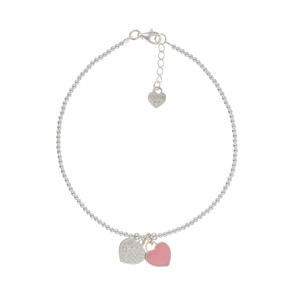 Sterling silver anklet with resin baby pink heart, heart charm, and adjustable fit.