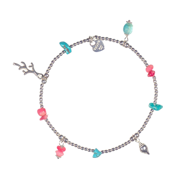 Sterling silver charm bracelet with turquoise and coral beads, seashell and coral charms