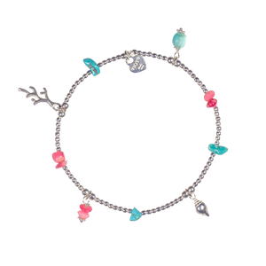 Sterling silver charm bracelet with turquoise and coral beads, seashell and coral charms