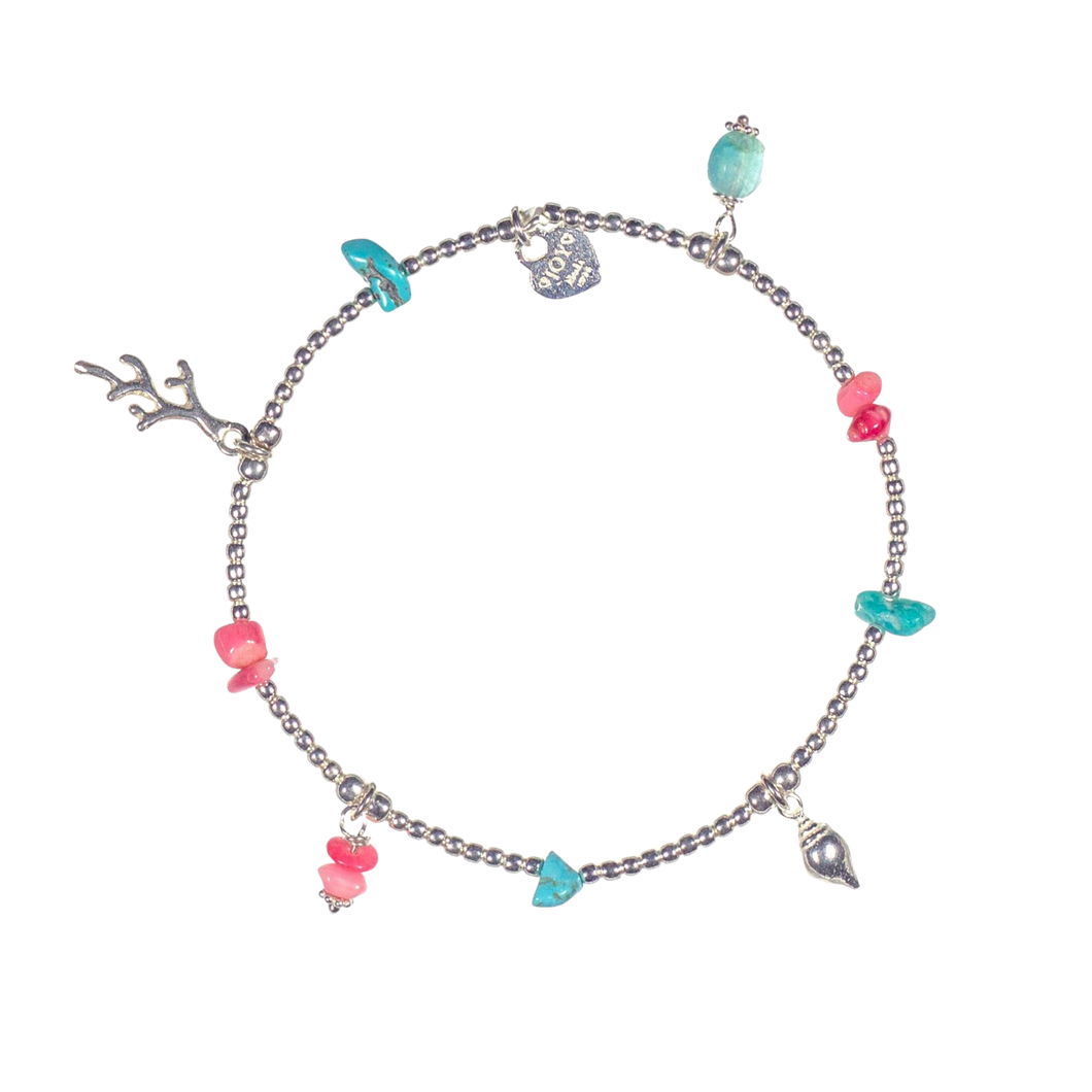 Sterling silver charm bracelet with turquoise and coral beads, seashell and coral charms
