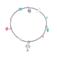 Sterling silver charm bracelet with turquoise and coral beads, palmtree charm
