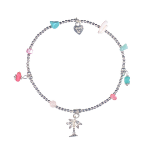 Sterling silver charm bracelet with turquoise and coral beads, palmtree charm
