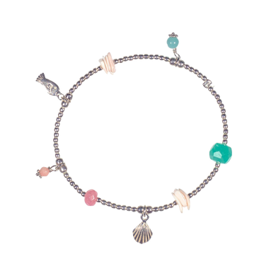 Sterling silver charm bracelet with turquoise and coral beads, sardine and clam charms
