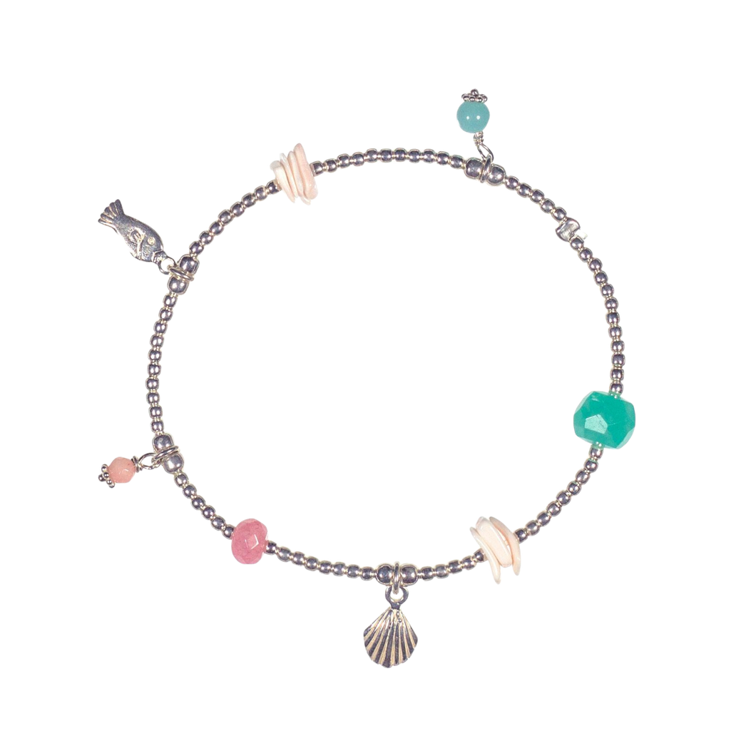 Sterling silver charm bracelet with turquoise and coral beads, sardine and clam charms