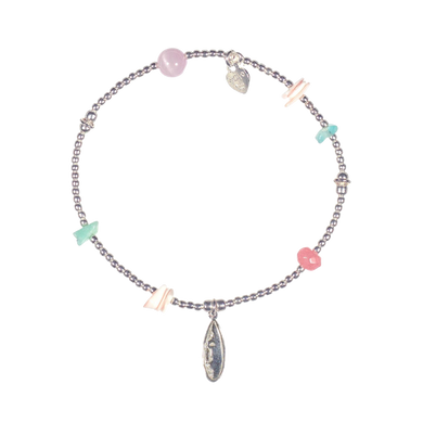 Sterling silver charm bracelet with turquoise and coral beads, surfboard charm
