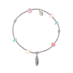 Sterling silver charm bracelet with turquoise and coral beads, surfboard charm
