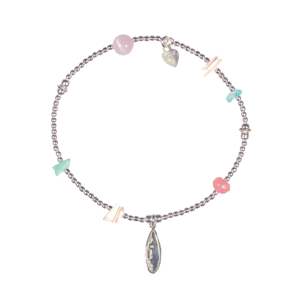 Sterling silver charm bracelet with turquoise and coral beads, surfboard charm