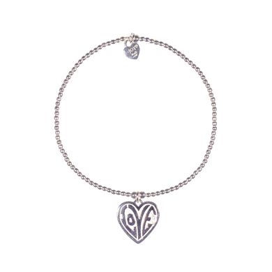 A bracelet made of 925 sterling silver beads with a small heart-shaped charm featuring the text 'Love'.