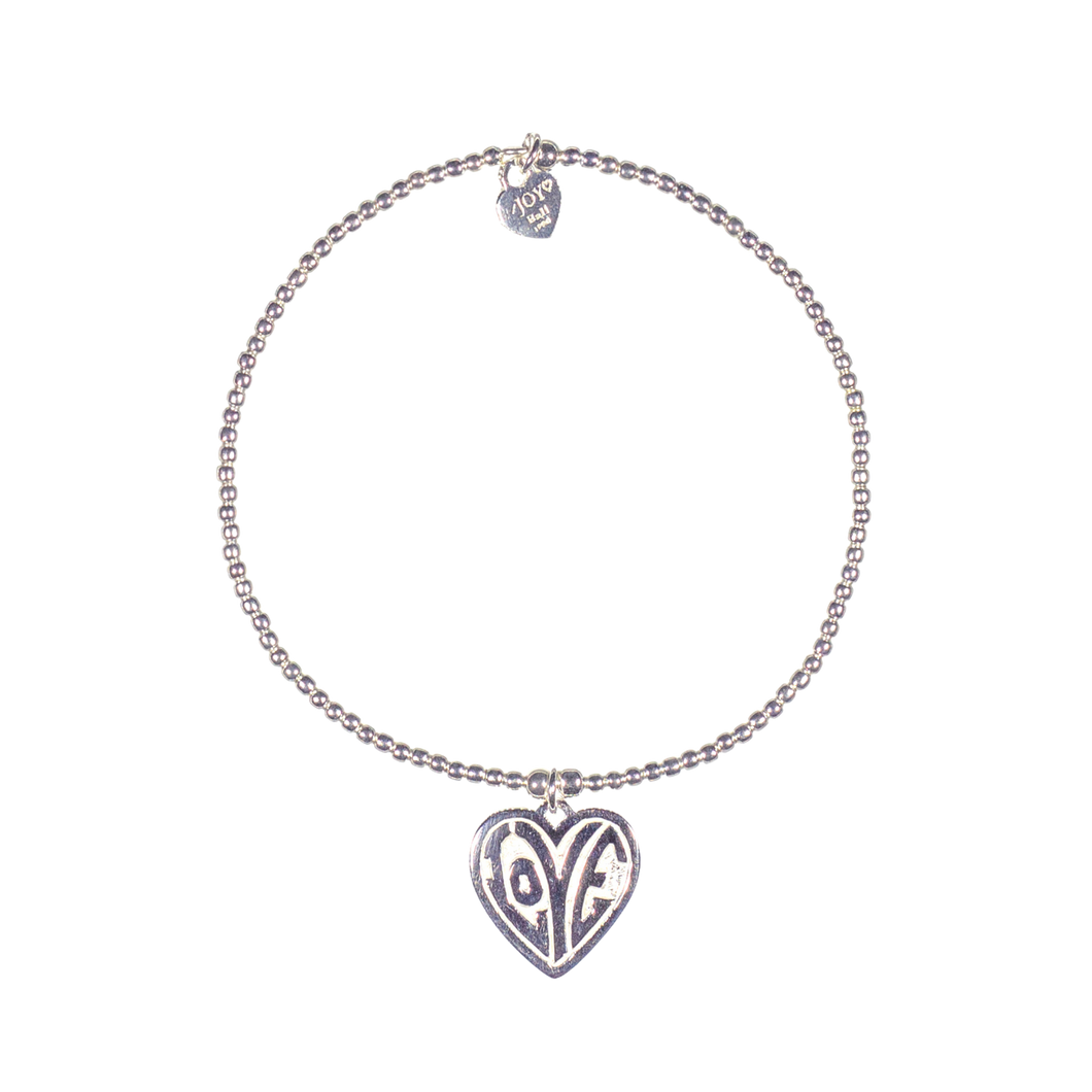 A bracelet made of 925 sterling silver beads with a small heart-shaped charm featuring the text 'Love'.