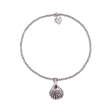 A bracelet made of 925 sterling silver beads with a small shell charm, displayed against a white background.