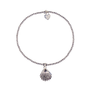 A bracelet made of 925 sterling silver beads with a small shell charm, displayed against a white background.