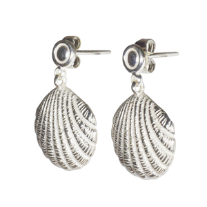 A pair of silver dangle earrings with a shell charm design.
